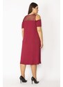 Şans Women's Plus Size Claret Red Burgundy Dress With Low-Collection And Pockets Mesh Detail Viscose