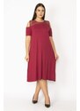 Şans Women's Plus Size Claret Red Burgundy Dress With Low-Collection And Pockets Mesh Detail Viscose