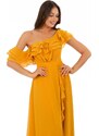 Carmen Saffron Chiffon Off Shoulder Flounce Slit Evening Dress