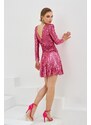 Carmen Fuchsia Sequined Long Sleeve Short Evening Dress