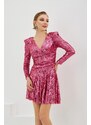 Carmen Fuchsia Sequined Long Sleeve Short Evening Dress