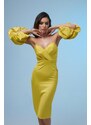 Carmen Yellow Satin Balloon Sleeve Short Evening Dress