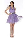 Carmen Lilac Stone Tulle Belted Short Evening Dress