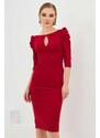 Carmen Burgundy Crepe Pearl Embroidered Midi Evening Dress