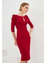 Carmen Burgundy Crepe Pearl Embroidered Midi Evening Dress