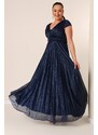 By Saygı V-Neck Waist and Front Draped Lined Pleated Glitter Long Crepe Dress