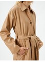 Koton Trench Coat Leather Look Midi Length Belt Detailed Pocket Buttoned