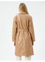 Koton Trench Coat Leather Look Midi Length Belt Detailed Pocket Buttoned