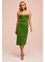 Carmen Pistachio Green Stone Lace Midi Crepe Evening Dress