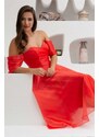 Carmen Coral Low Sleeve Organza Engagement Evening Dress