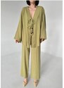 Laluvia Khaki Beaded Kimono Linen Suit