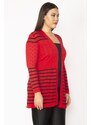 Şans Women's Plus Size Red Openwork Knitted Striped Sweater Cardigan