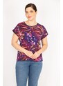 Şans Women's Navy Plus Size Front Patterned Satin Low Sleeve Blouse