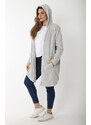 Şans Women's Plus Size Gray Hooded Cardigan With Cup And Vep Detail