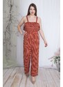 Şans Women's Plus Size Cinnamon Stripe Jumpsuit with Straps and Flounces