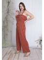 Şans Women's Plus Size Cinnamon Stripe Jumpsuit with Straps and Flounces