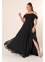 By Saygı Rope Straps Frill Front Low Sleeve Lined Plus Size Chiffon Dress