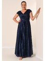 By Saygı V-Neck Waist and Front Draped Lined Pleated Glitter Long Crepe Dress
