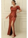 By Saygı Square Neck Watermelon Long Sleeve Draped Satin Long Pencil Dress