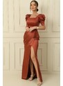 By Saygı Square Neck Watermelon Long Sleeve Draped Satin Long Pencil Dress