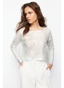 Trendyol Ecru Foil Printed Openwork/Hole Knitwear Sweater