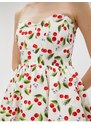 Koton Strapless Mini Dress Balloon Skirt Cherry Printed Lined Cotton