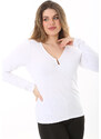 Şans Women's Plus Size White Chest Gathered Detail Long Sleeve Blouse