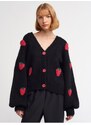 Dilvin 60185 V-Neck Strawberry Embroidered Balloon Sleeve Knitwear Cardigan-black