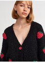 Dilvin 60185 V-Neck Strawberry Embroidered Balloon Sleeve Knitwear Cardigan-black