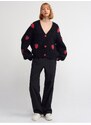 Dilvin 60185 V-Neck Strawberry Embroidered Balloon Sleeve Knitwear Cardigan-black