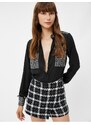 Koton Chiffon Shirt Crowbar Pattern Tweed Pocket Detailed Long Sleeved Buttoned.