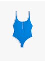 Koton Swimming Swimsuit U Neck Covered Front Zipper Piping Detailed