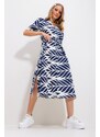 Trend Alaçatı Stili Women's Navy Blue Leaf Patterned Short Sleeve Shirt Dress