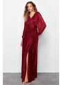 Trendyol Burgundy Satin Belt Detailed Long Evening Dress