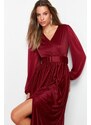 Trendyol Burgundy Satin Belt Detailed Long Evening Dress