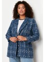 Trendyol Curve Navy Blue Tweed Woven Blazer Jacket