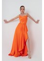Lafaba Women's Orange Satin Evening &; Prom Dress with Ruffles and a Slit