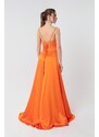 Lafaba Women's Orange Satin Evening &; Prom Dress with Ruffles and a Slit