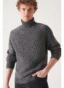 Avva Men's Anthracite Full Turtleneck Raglan Sleeves Pocket Detailed Comfort Fit Comfortable Cut Woolen Sweater