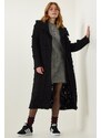 Happiness İstanbul Women's Black Wide Collar Patterned Long Knitwear Cardigan