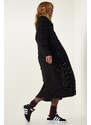 Happiness İstanbul Women's Black Wide Collar Patterned Long Knitwear Cardigan