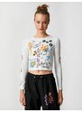 Koton Crop T-Shirt Long Sleeves Printed Crewneck