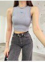 BİKELİFE Women's Ribbed Crew Neck Rear Window Detail Fitted Crop Top Blouse