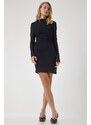 Happiness İstanbul Women's Black Chiffon Sleeve Gathered Knitted Dress