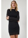 Happiness İstanbul Women's Black Chiffon Sleeve Gathered Knitted Dress