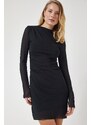 Happiness İstanbul Women's Black Chiffon Sleeve Gathered Knitted Dress