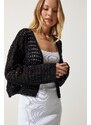 Happiness İstanbul Women's Black Perforated Tie Seasonal Knitwear Cardigan