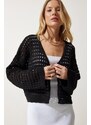 Happiness İstanbul Women's Black Perforated Tie Seasonal Knitwear Cardigan