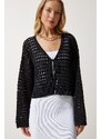 Happiness İstanbul Women's Black Perforated Tie Seasonal Knitwear Cardigan