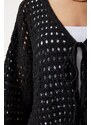 Happiness İstanbul Women's Black Perforated Tie Seasonal Knitwear Cardigan